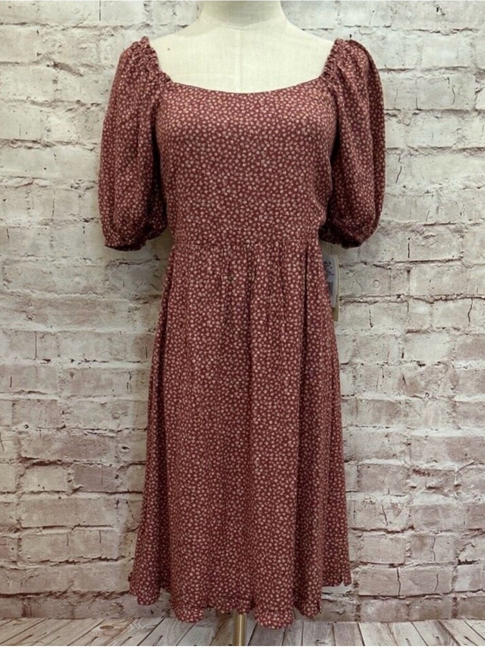 Rust Floral Puff-Sleeve Midi Dress